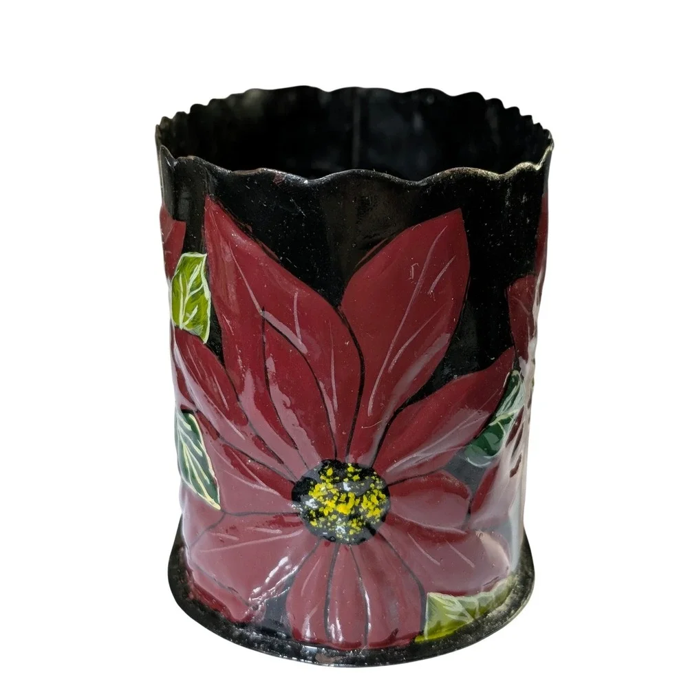 Vintage 1993 Hosley Sculptures Poinsettia Metal Tin Planter Scalloped Oval